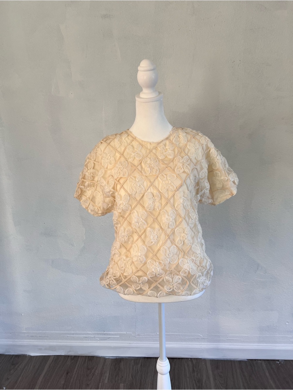Women’s Cream Floral Appliqué Short-Sleeve Top